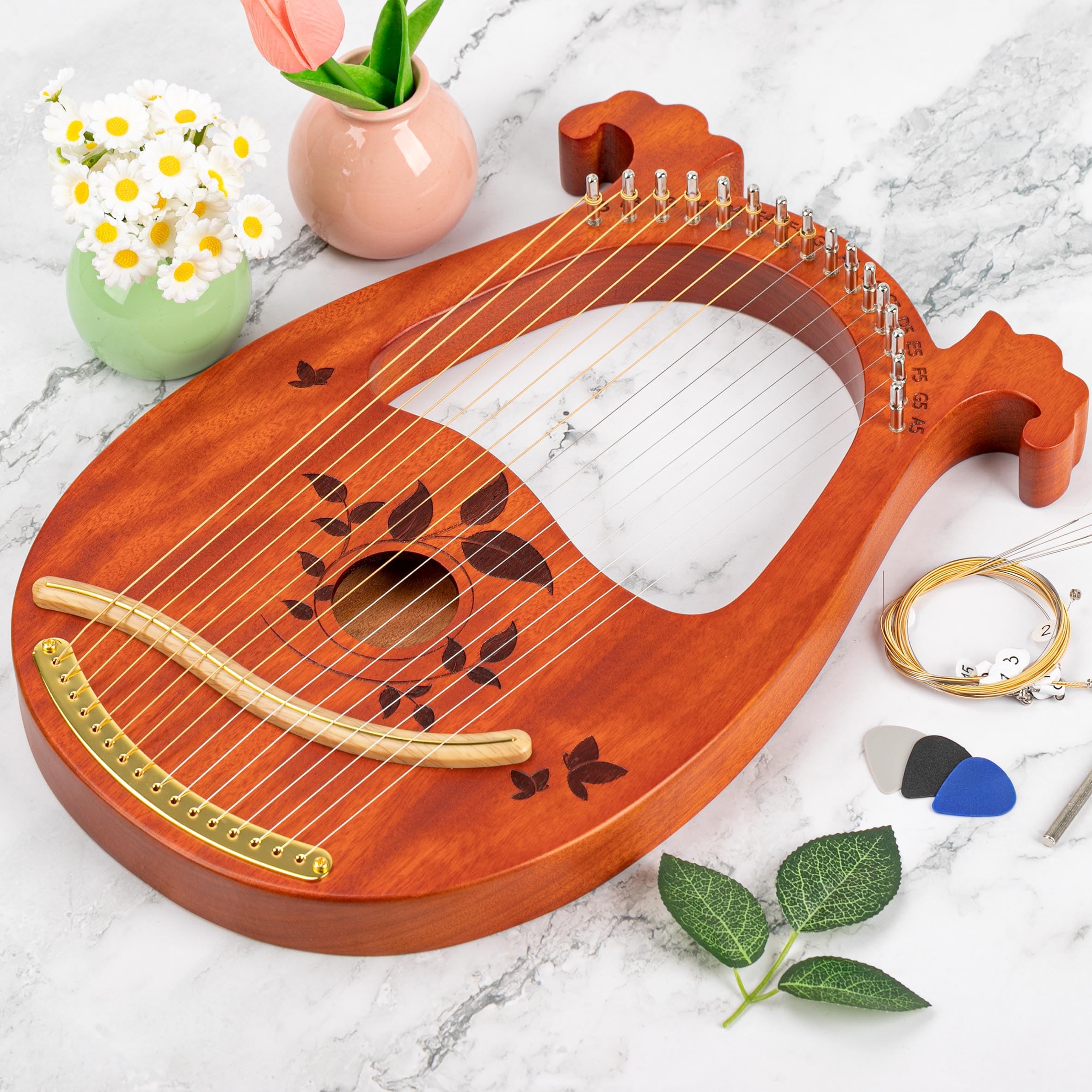 INKNOTE Lyre Harp, 16 Metal Strings Mahogany Lyre Harp with Tuning